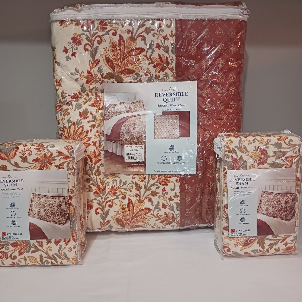 Home Classics Full/Queen Size Reversible Quilt & 2 Matching Shams